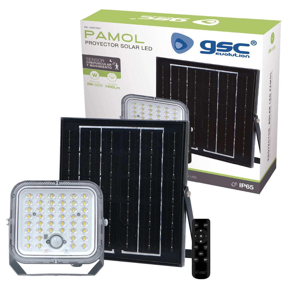 Proyector solar LED Pamol con sensor de movimiento y crepuscular 8W 6500K IP65 Negro