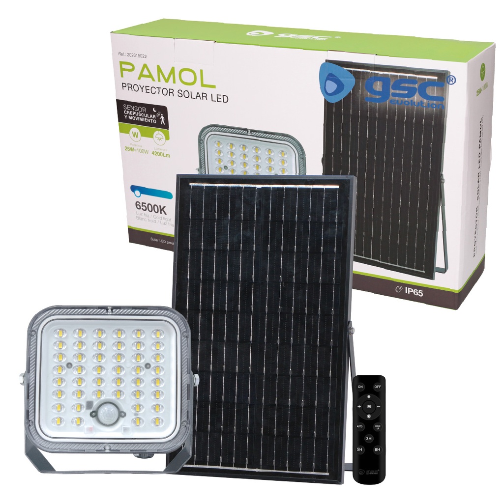 Proyector solar LED Pamol con sensor de movimiento y crepuscular 25W 6500K IP65 Negro