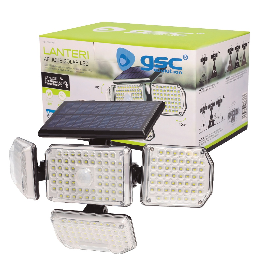 Aplique solar LED Lanteri con sensor de movimiento y crepuscular 4W 6500K