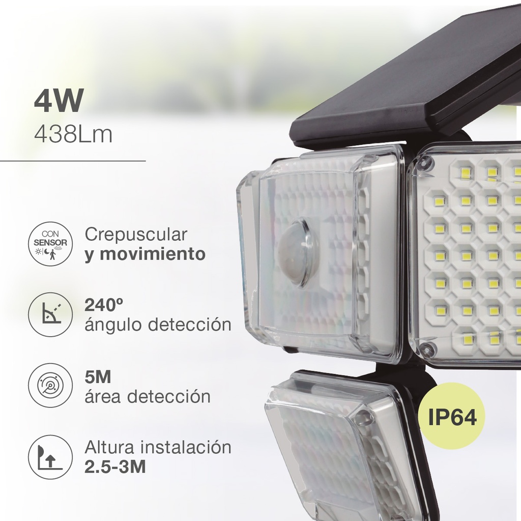 Aplique solar LED Lanteri con sensor de movimiento y crepuscular 4W 6500K
