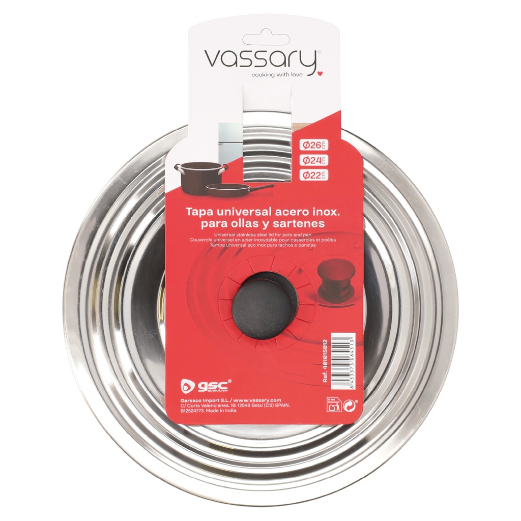 Tapa universal acero inox para ollas y sartenes Ø22 - 24 - 26 cm