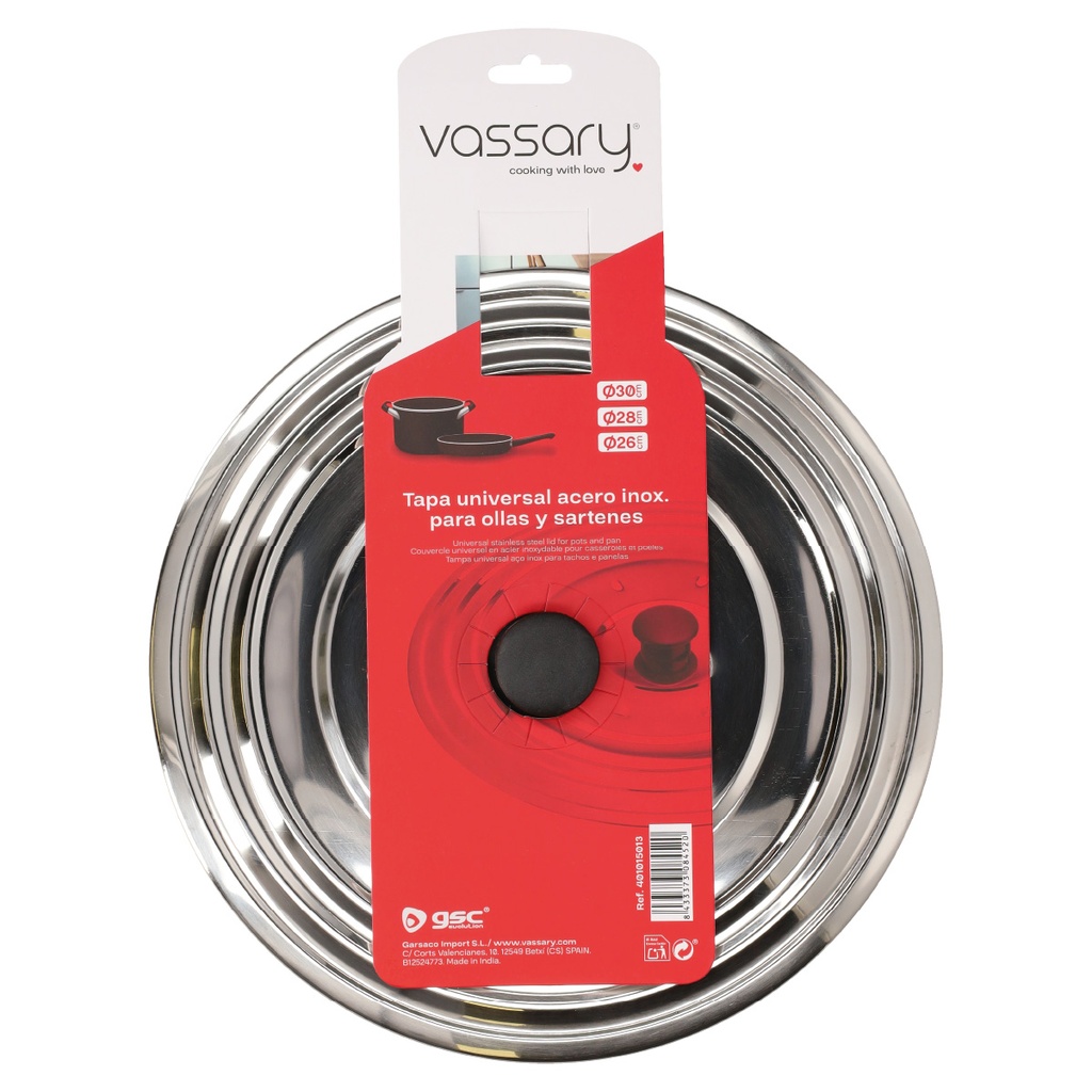 Tapa universal acero inox para ollas y sartenes Ø26 - 28 - 30 cm