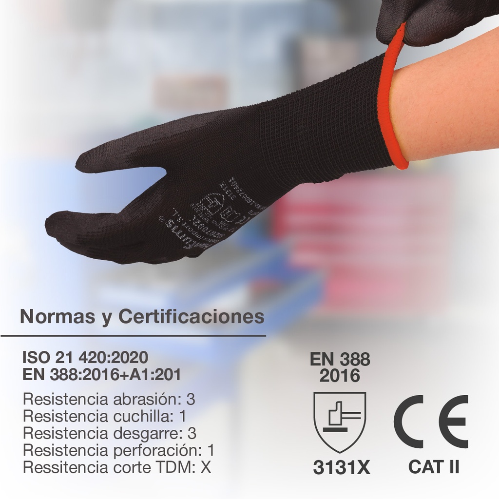Guante poliéster y poliuretano Negro - Talla 6 