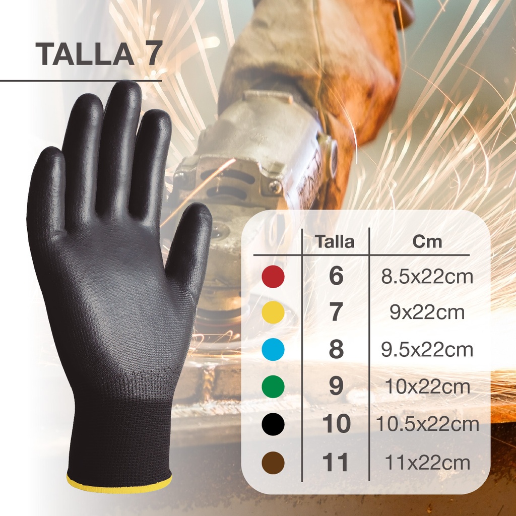 Guante poliéster y poliuretano Negro - Talla 7