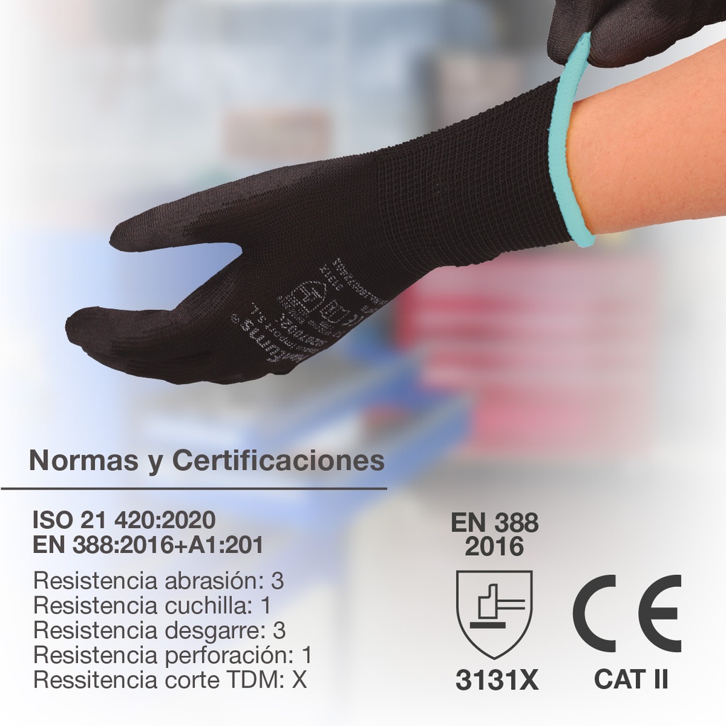 Guante poliéster y poliuretano Negro - Talla 8