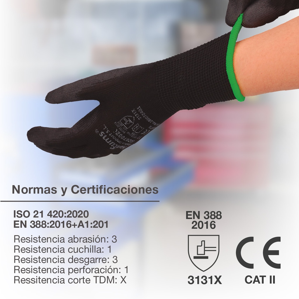 Guante poliéster y poliuretano Negro - Talla 9