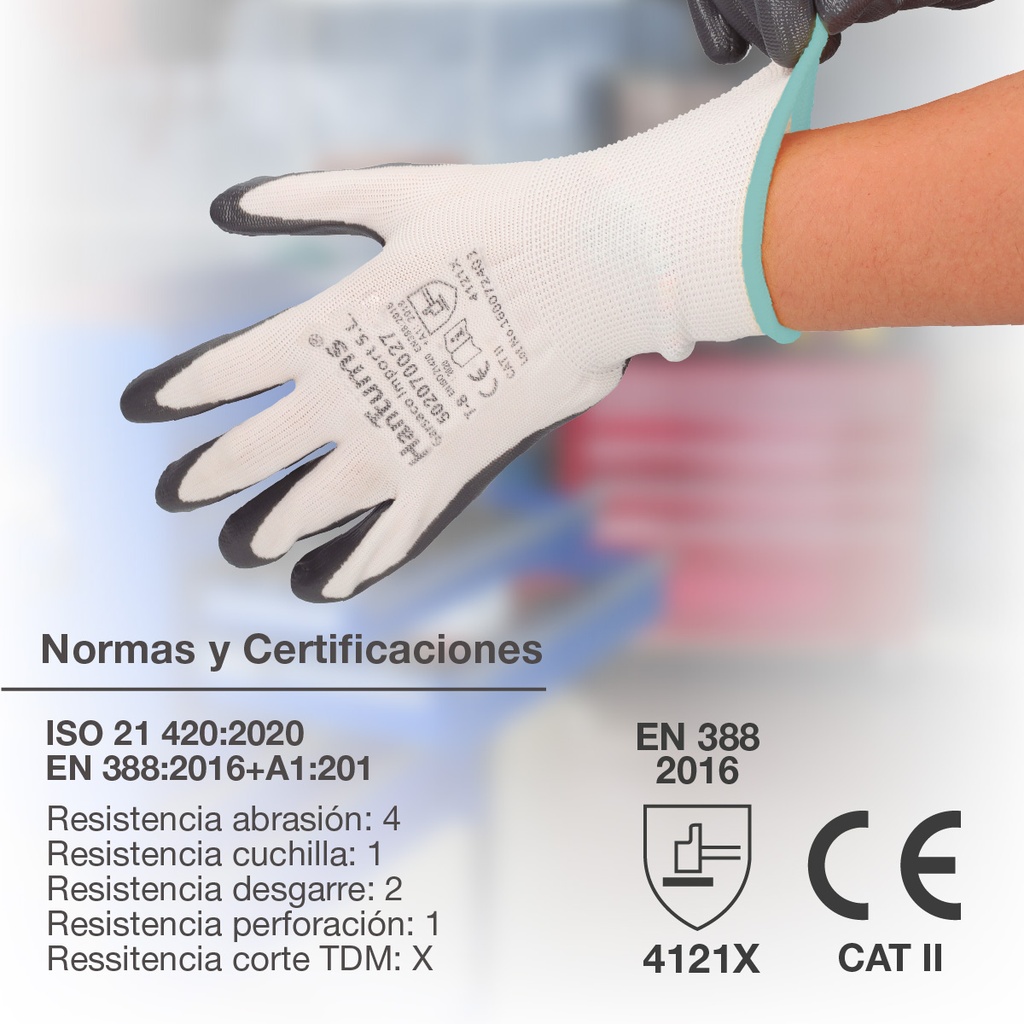 Guante poliéster y nitrilo Blanco/Gris - Talla 8