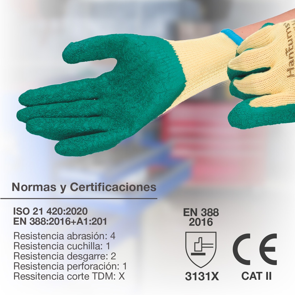 Guante poliéster y recubrimiento de latex Amarillo/Verde -Talla 8