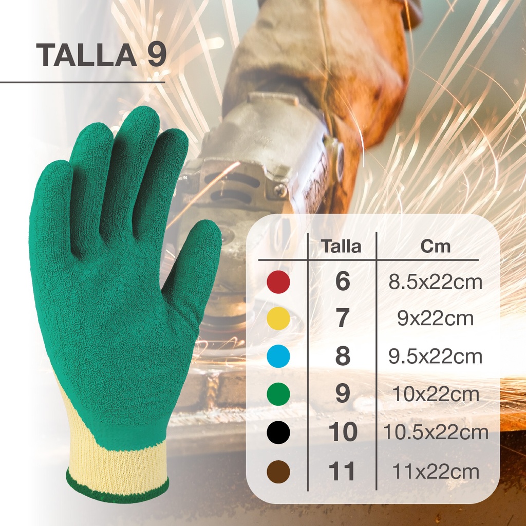 Guante poliéster y recubrimiento de latex Amarillo/Verde -Talla 9