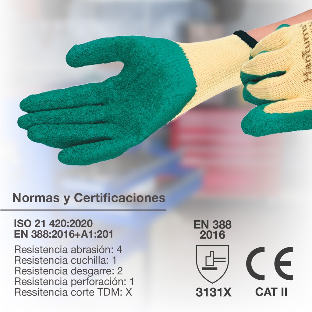 Guante poliéster y recubrimiento de latex Amarillo/Verde -Talla 10