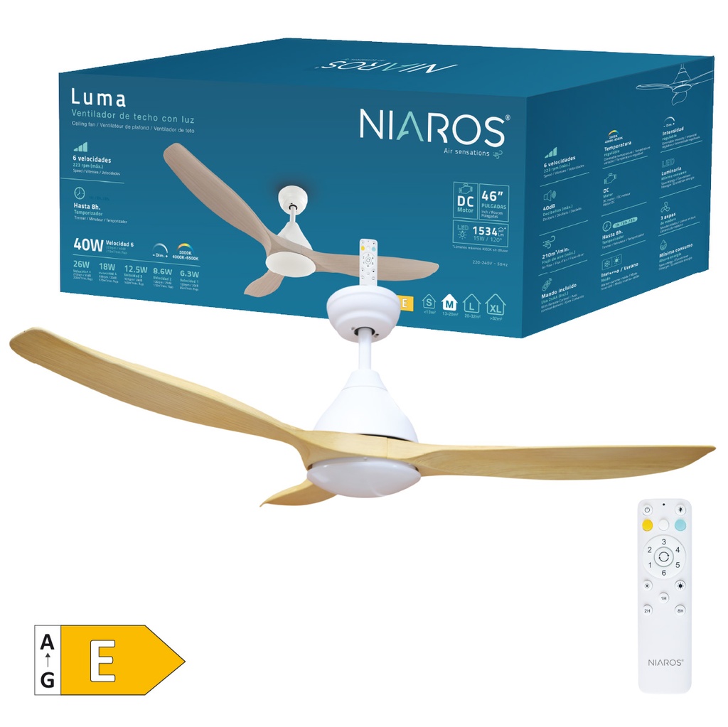Ventilador techo Luma con luz CCT regulable y mando Ø117 3 aspas DC Blanco