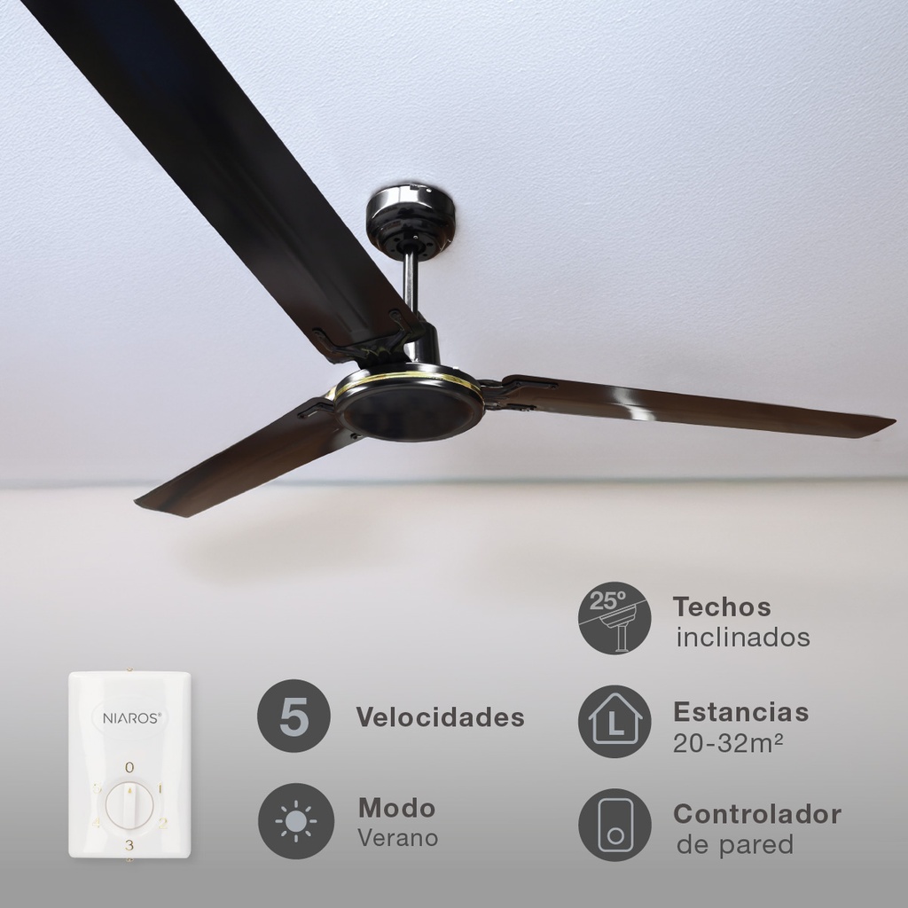 Ventilador techo Saltok con mando Ø142 3 aspas Negro