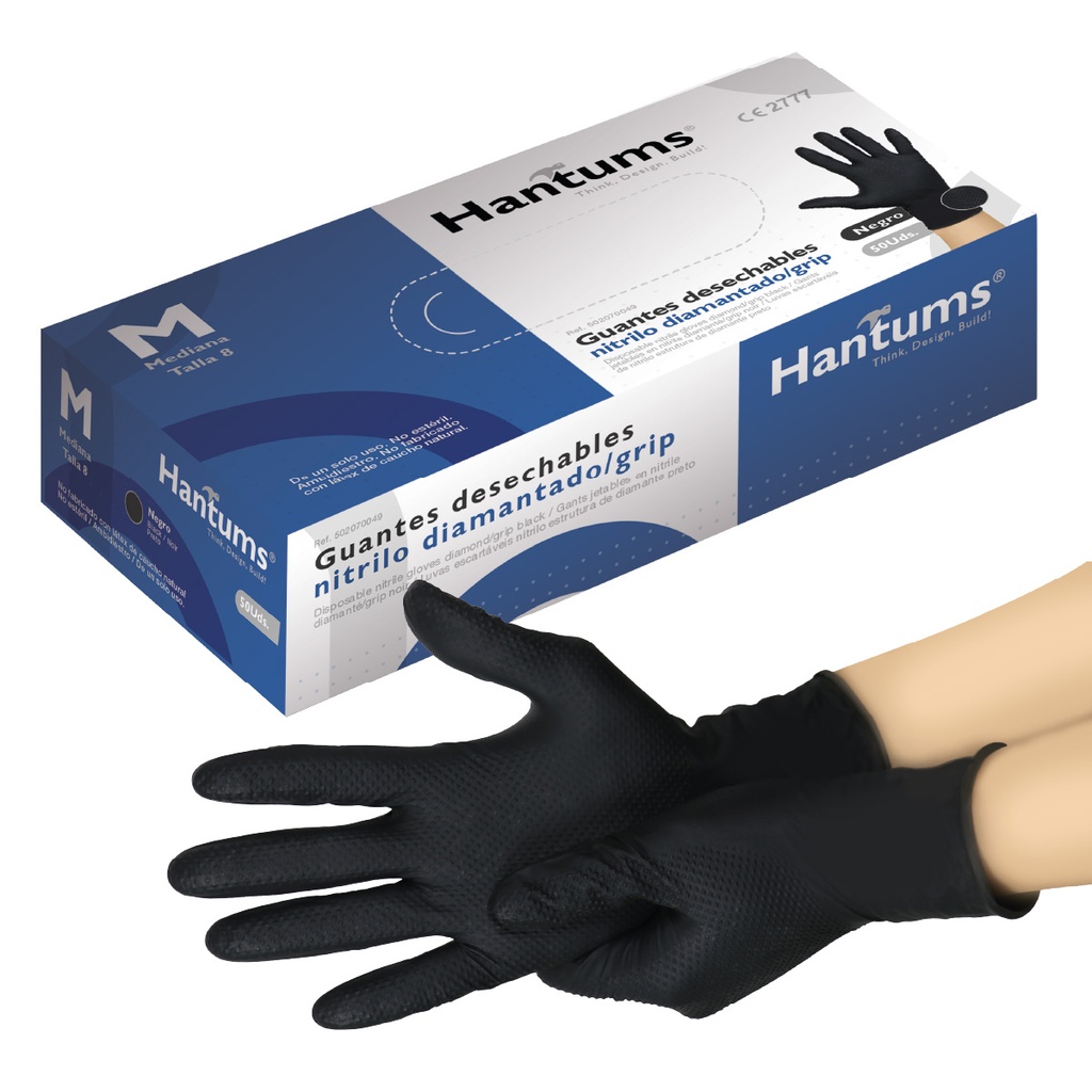 Caja 50 guantes desechables de nitrilo diamantado/grip Negro - Talla M