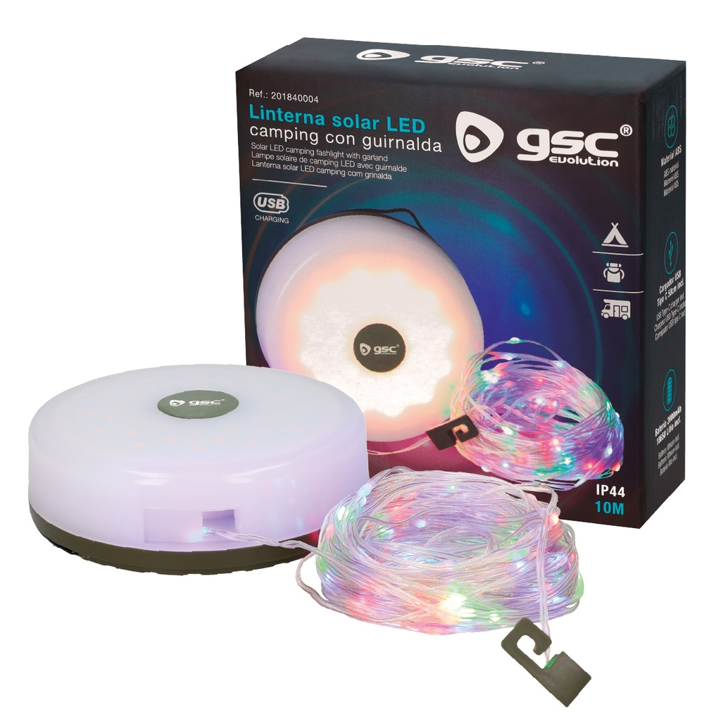 Linterna solar LED camping con guirnalda 10M recargable USB 150lm