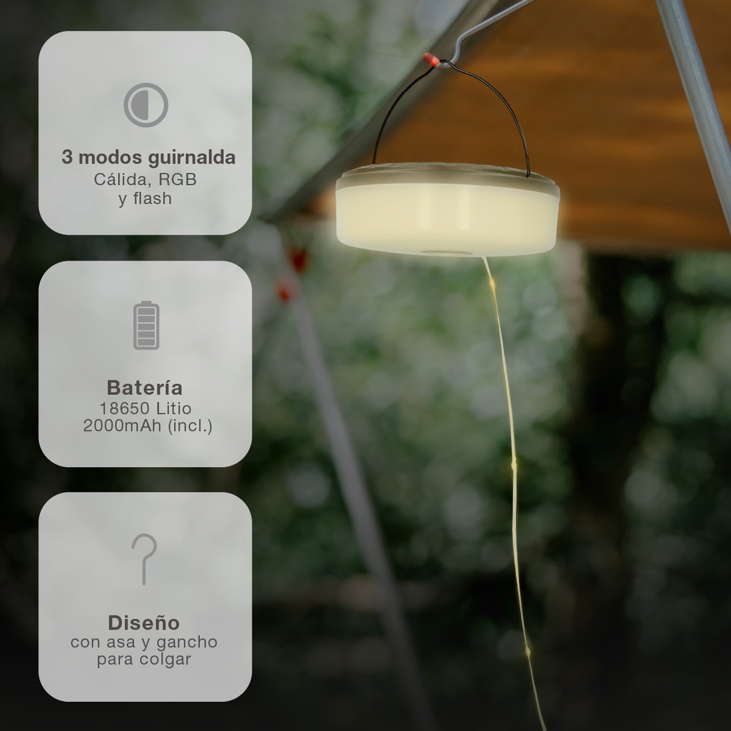 Linterna solar LED camping con guirnalda 10M recargable USB 150lm