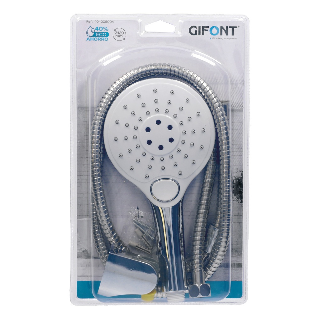 Kit de ducha eco ahorro: Alcachofa 129mm 3 funciones + flexo + soporte ajustable