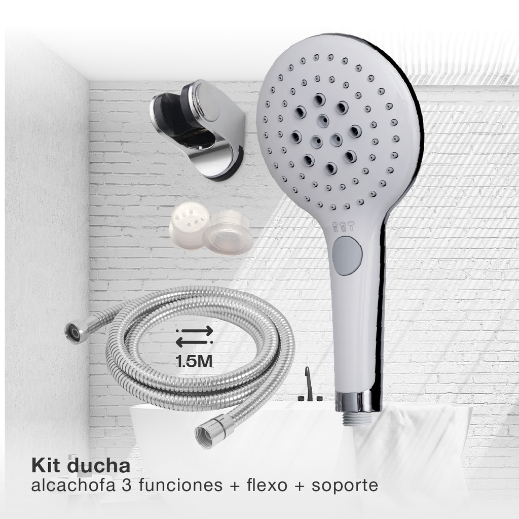 Kit de ducha eco ahorro: Alcachofa 129mm 3 funciones + flexo + soporte ajustable