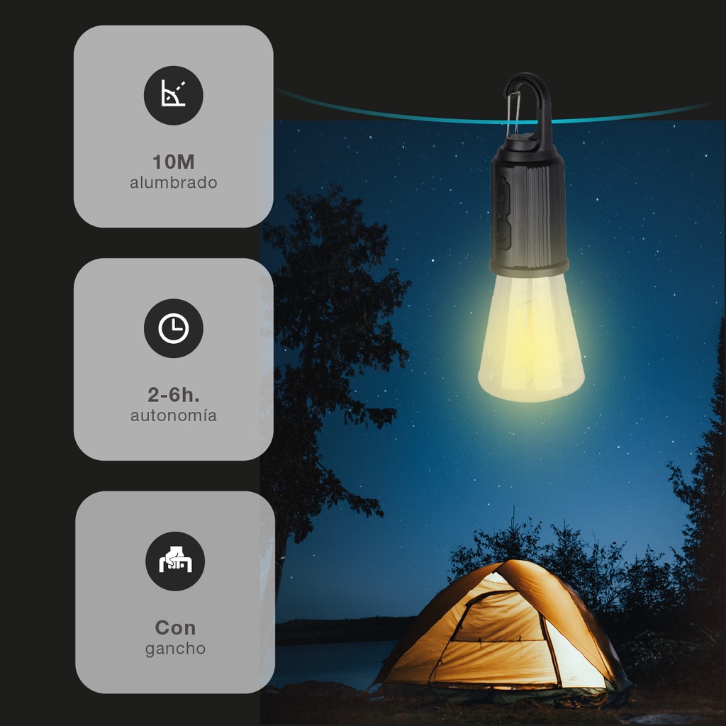 Bombilla LED camping recargable USB 120lm - 9u caja exp