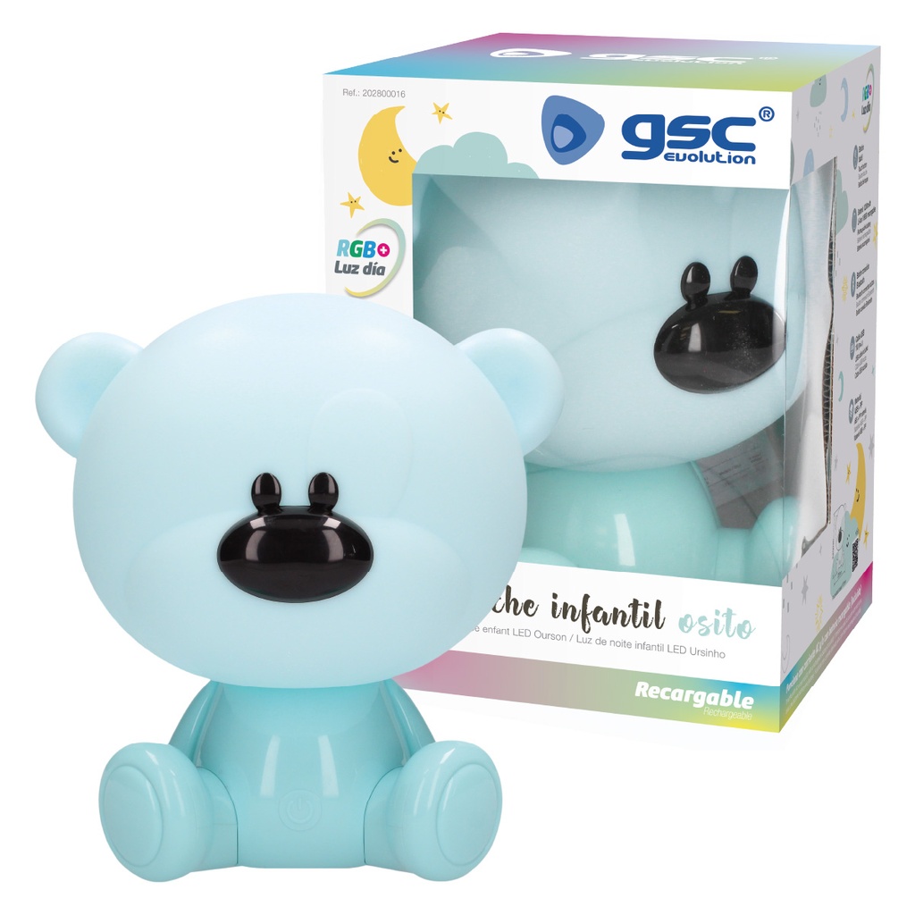 Luz de noche infantil LED Osito 5W RGB + luz día con altavoz y batería Azul 