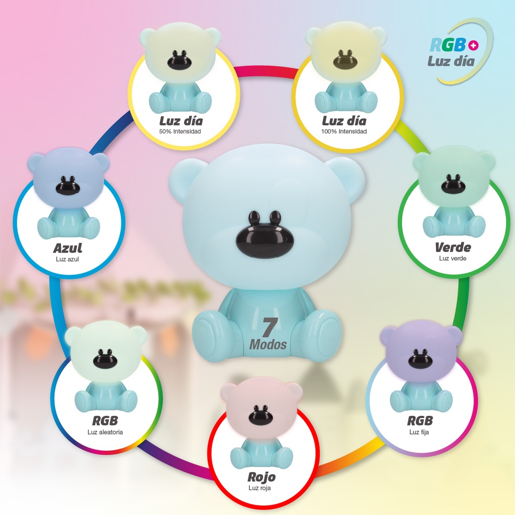 Luz de noche infantil LED Osito 5W RGB + luz día con altavoz y batería Azul 