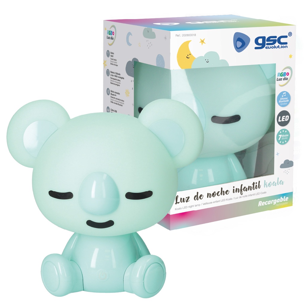 Luz de noche infantil LED Koala 5W RGB + luz día con altavoz y batería Azul 