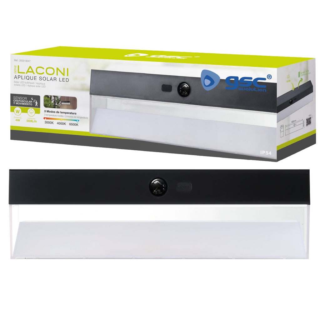 Aplique solar LED Serie Laconi con sensor de movimiento y crepuscular 4W 3000 - 4000 - 6500K