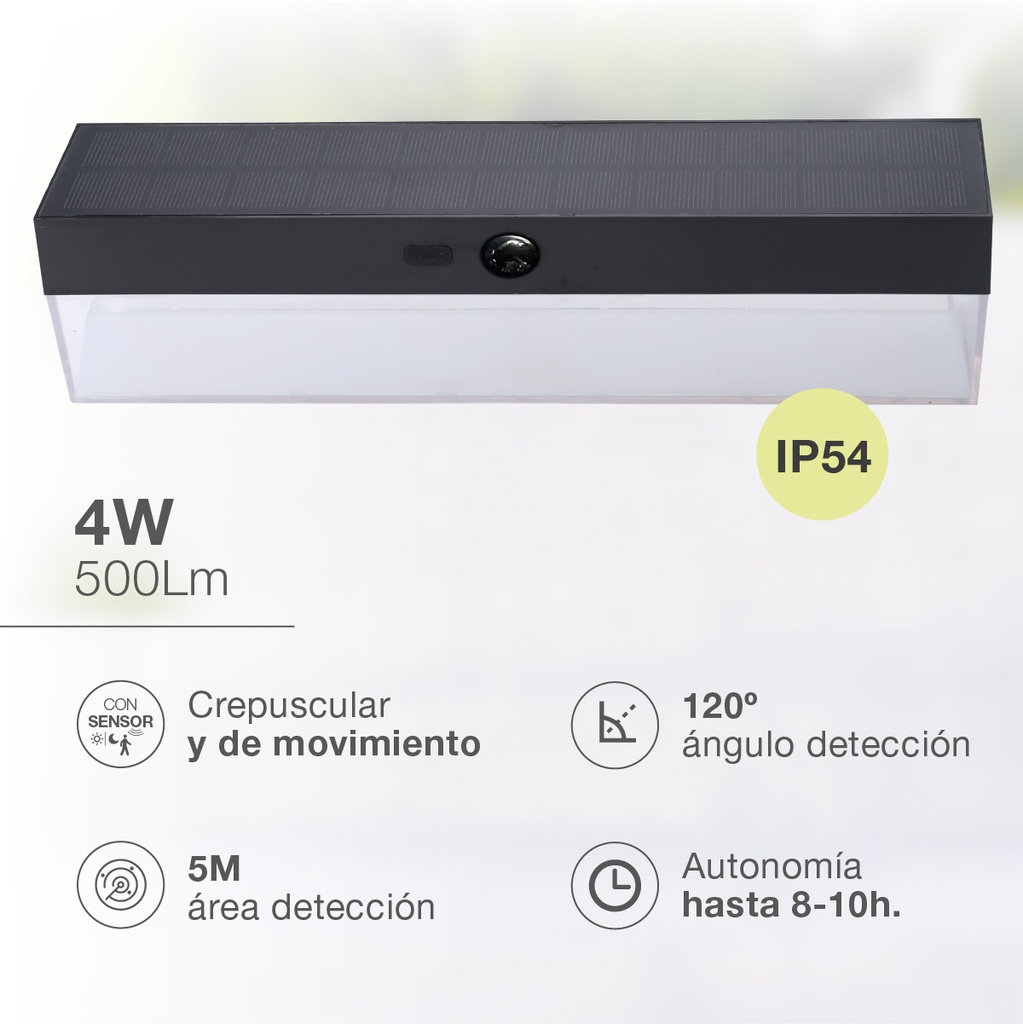Aplique solar LED Serie Laconi con sensor de movimiento y crepuscular 4W 3000 - 4000 - 6500K