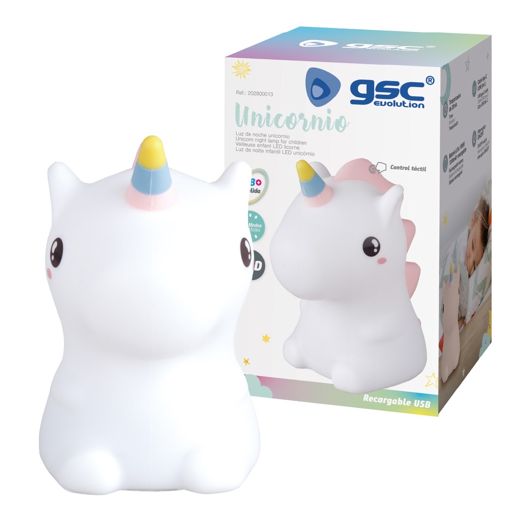 Luz de noche infantil LED Unicornio 1W RGB batería recargable 