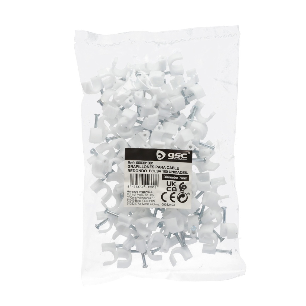Bolsa de 100 grapillones para cable manguera redondo 7mm