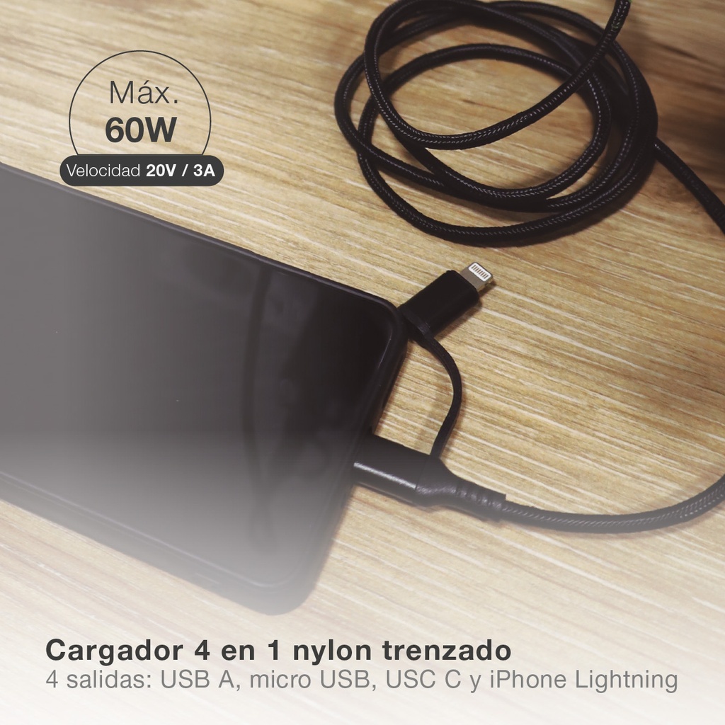 Cable cargador 4 en 1 (2 USB Tipo C, conector Lightning y USB) nylon trenzado 1,5M 