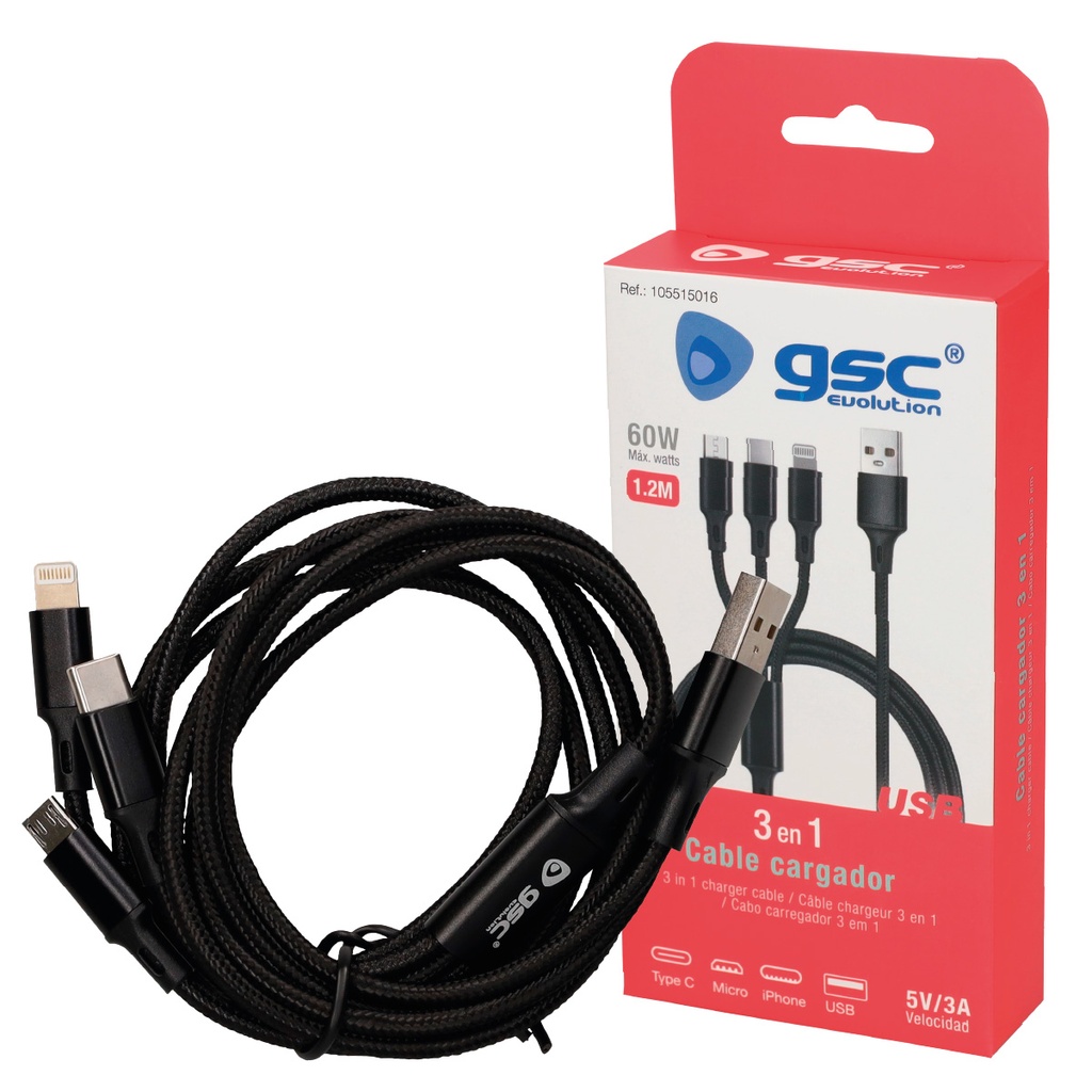 Cable cargador 3 en 1 (USB Tipo C, conector Lightning y micro USB) nylon trenzado 1,2M 