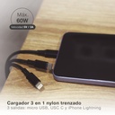 Cable cargador 3 en 1 (USB Tipo C, conector Lightning y micro USB) nylon trenzado 1,2M 