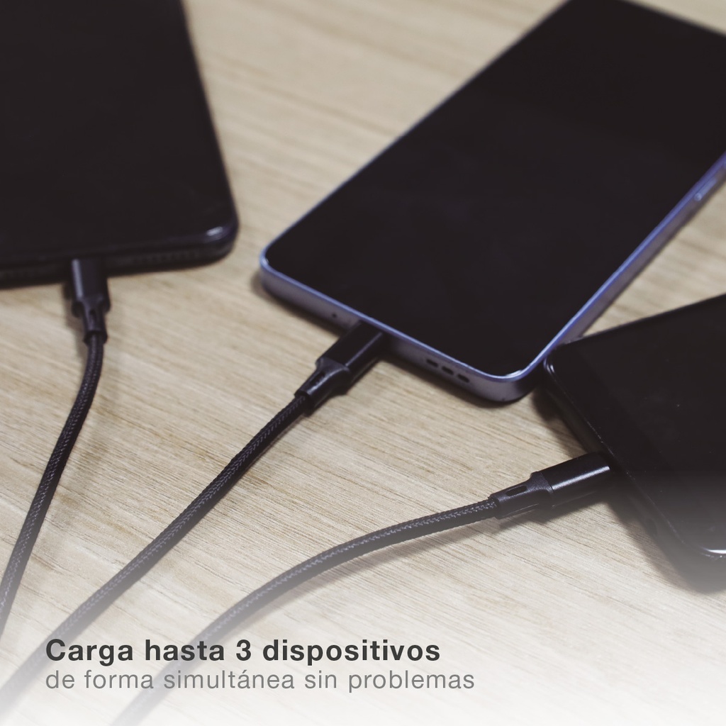 Cable cargador 3 en 1 (USB Tipo C, conector Lightning y micro USB) nylon trenzado 1,2M 