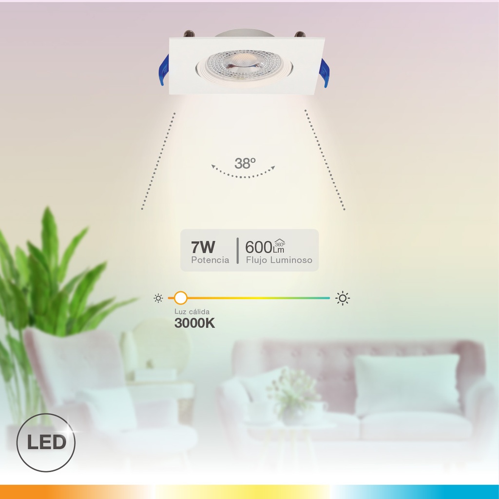 Aro basculante cuadrado empotrable LED Cumbo 7W 3000K Blanco 