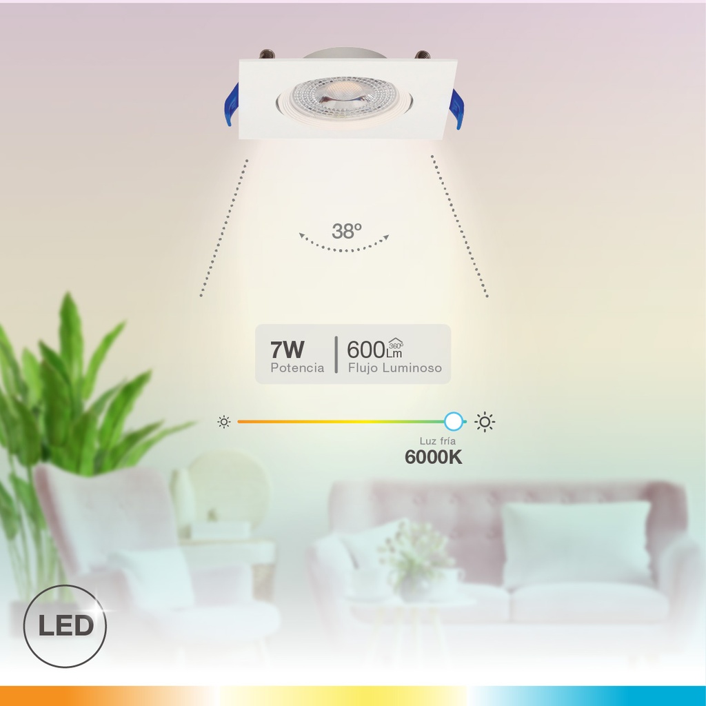 Aro basculante cuadrado empotrable LED Cumbo 7W 6500K Blanco 