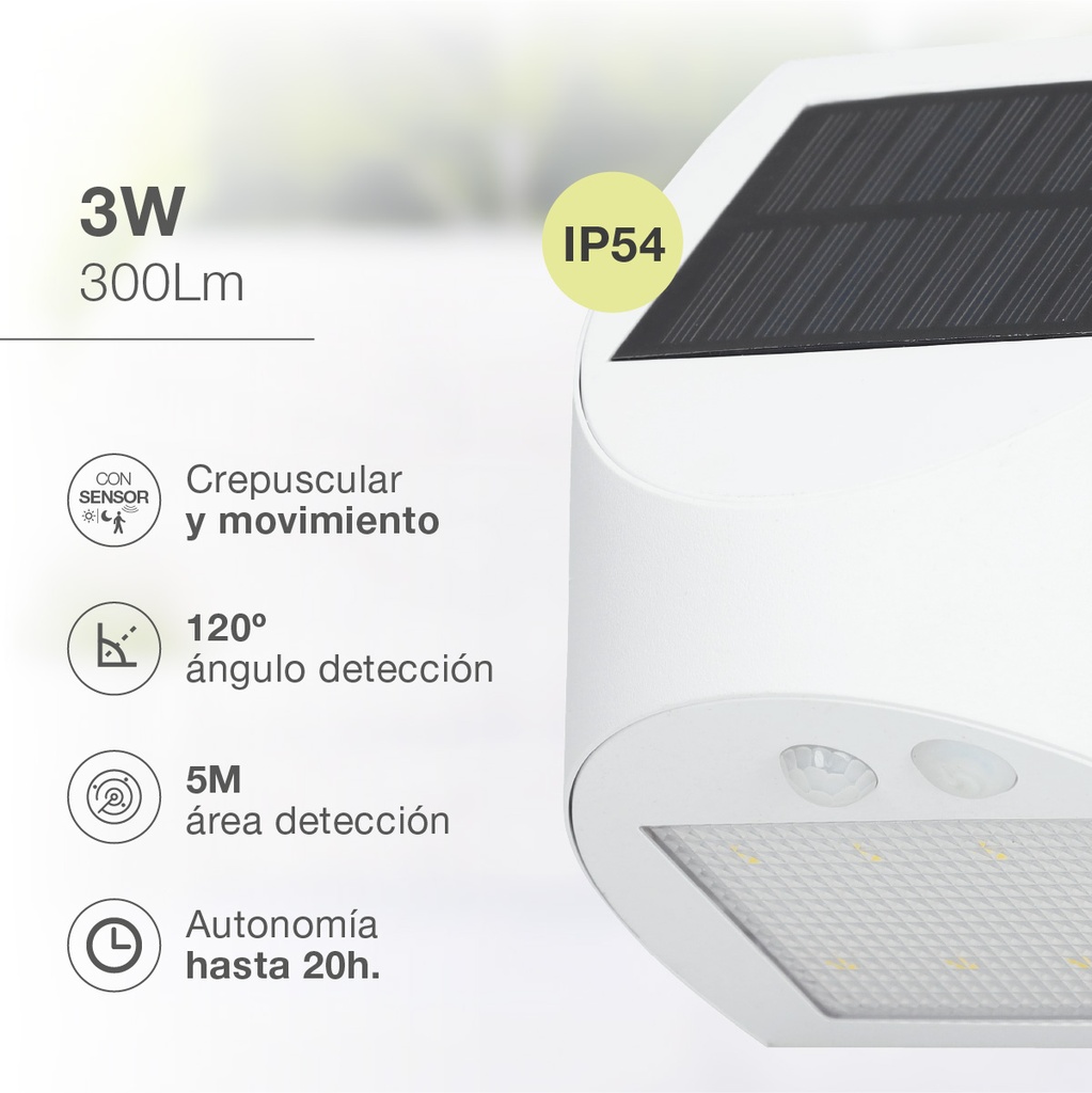Aplique solar LED Kolam con sensor de movimiento y crepuscular 3W 6000K Blanco