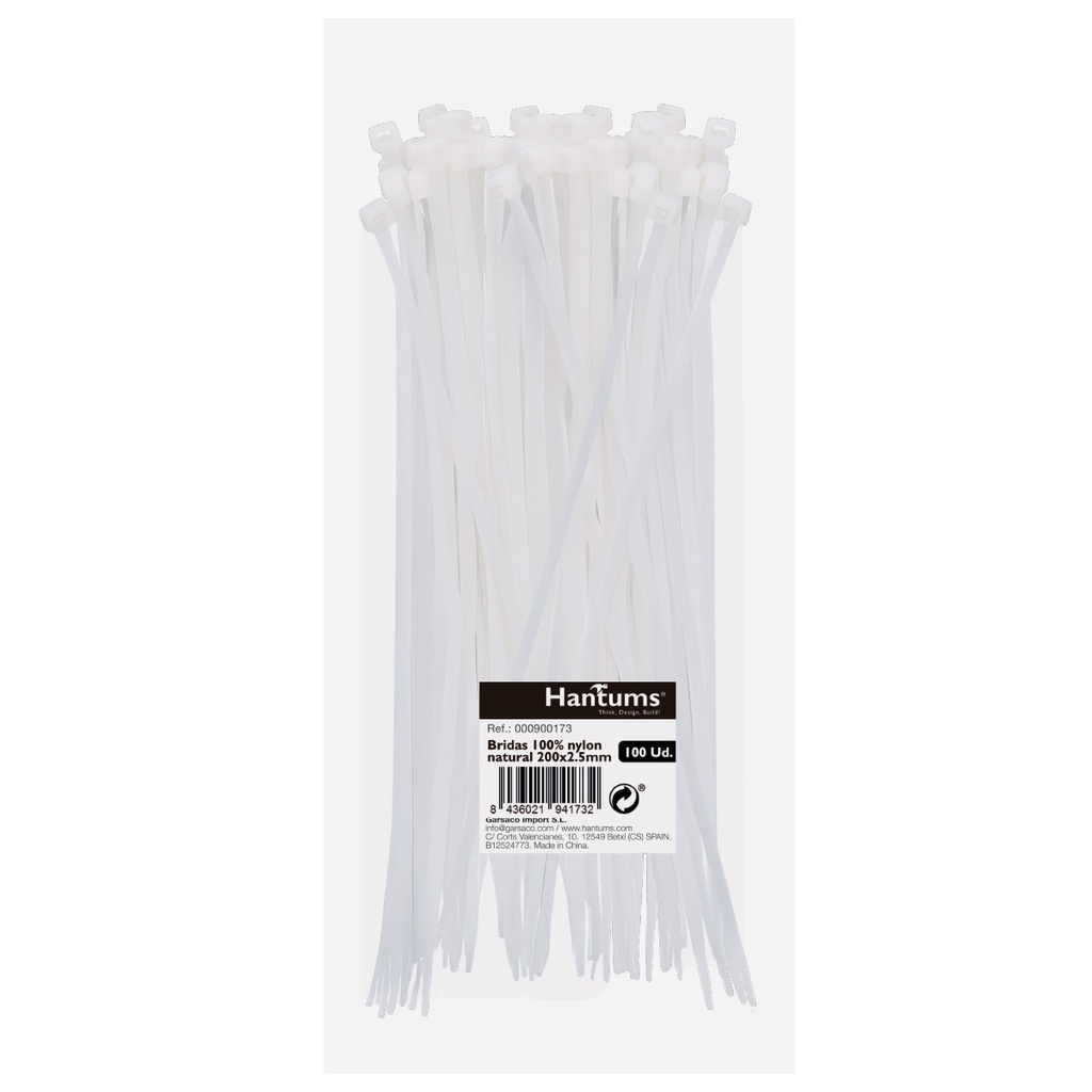 Bolsa 100u bridas 100% nylon 200x2.5mm Natural