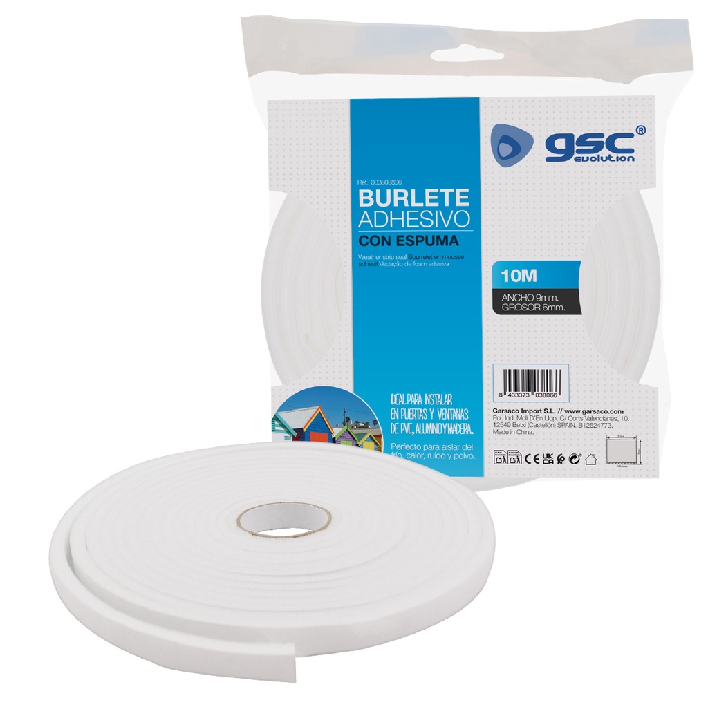 Burlete adhesivo espuma 9mm - 10M Blanco