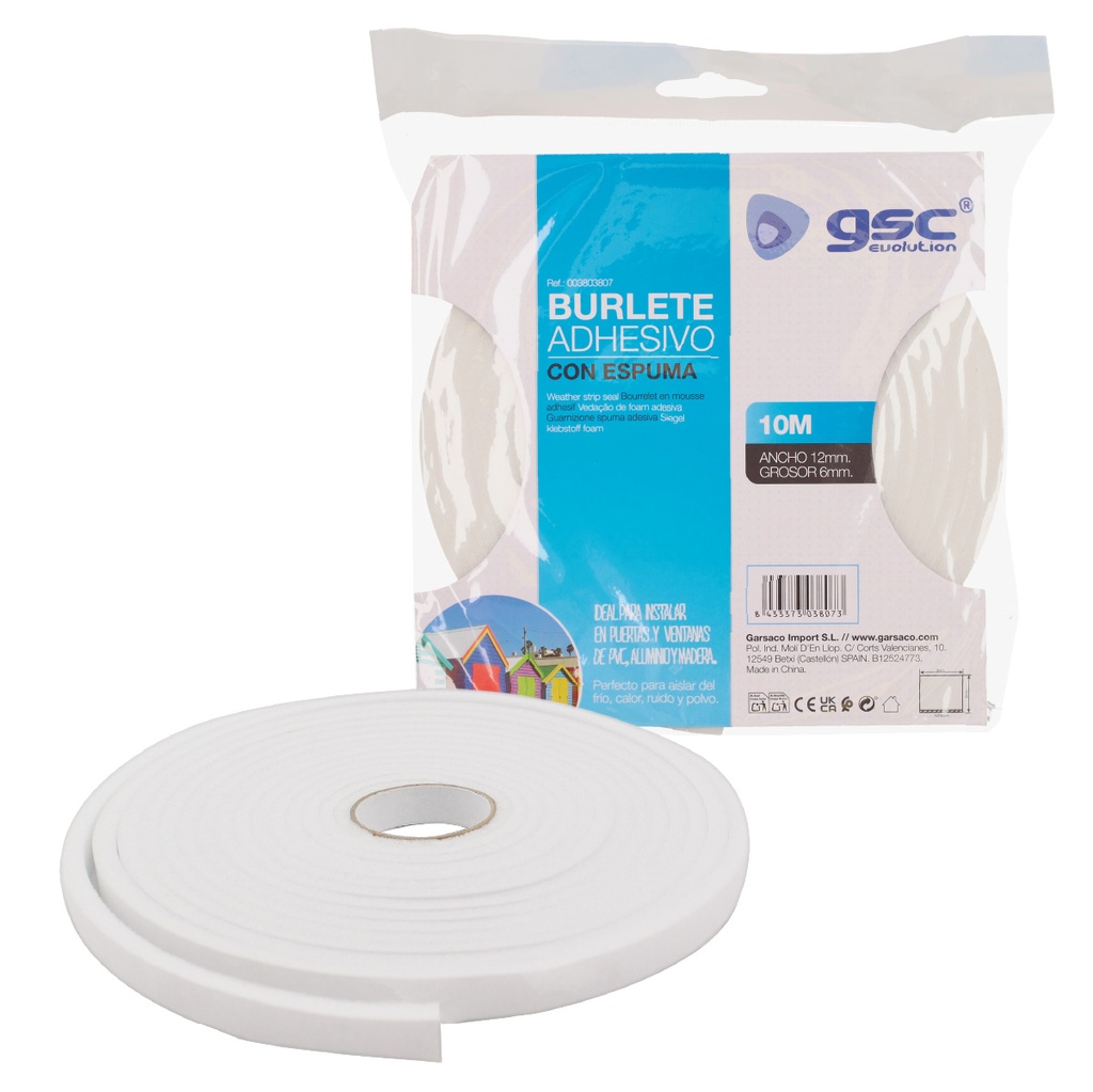 Burlete adhesivo espuma 12mm - 10M Blanco