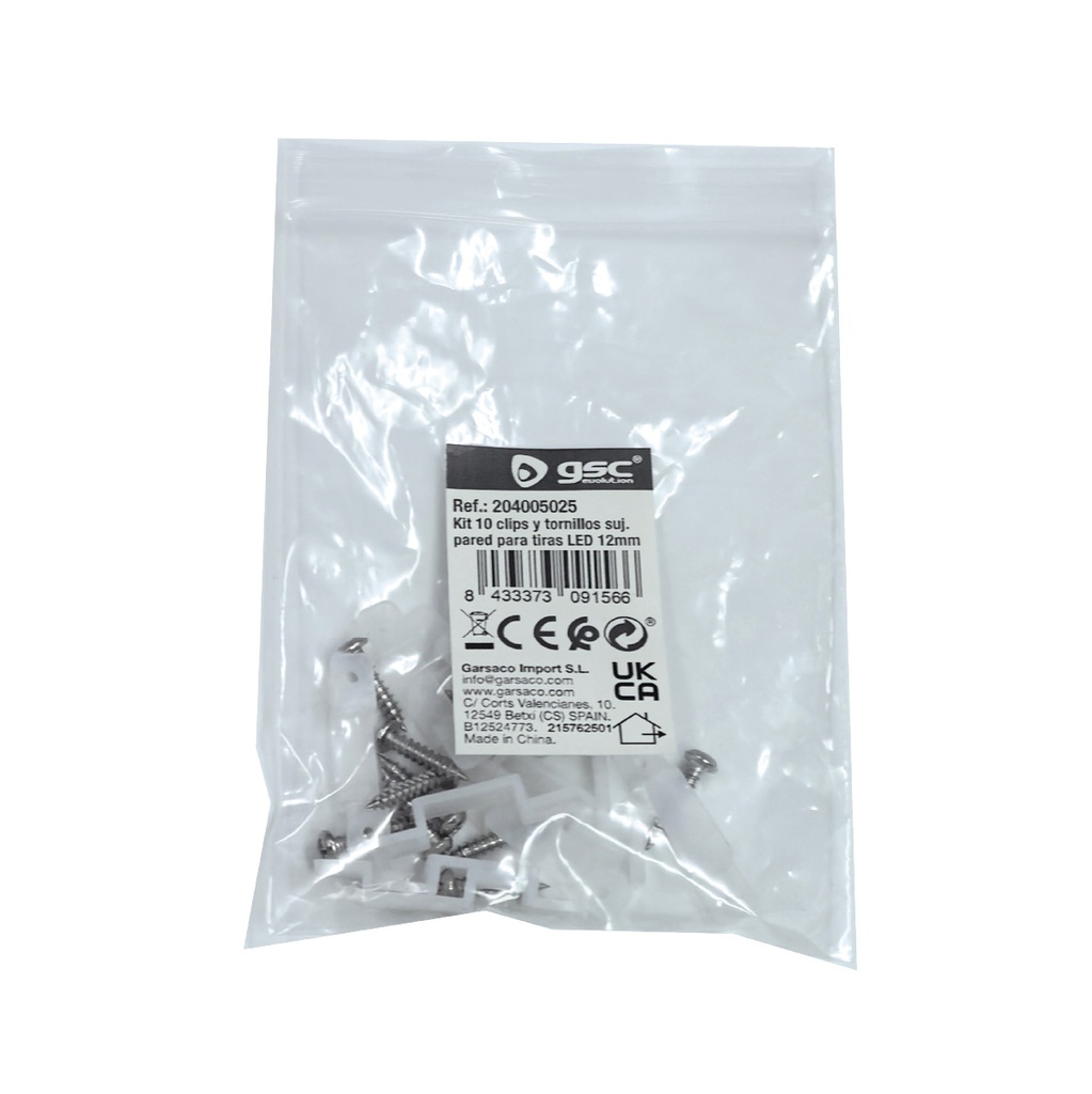 Kit 10 clips y tornillos sujeción pared para tiras LED 10mm 