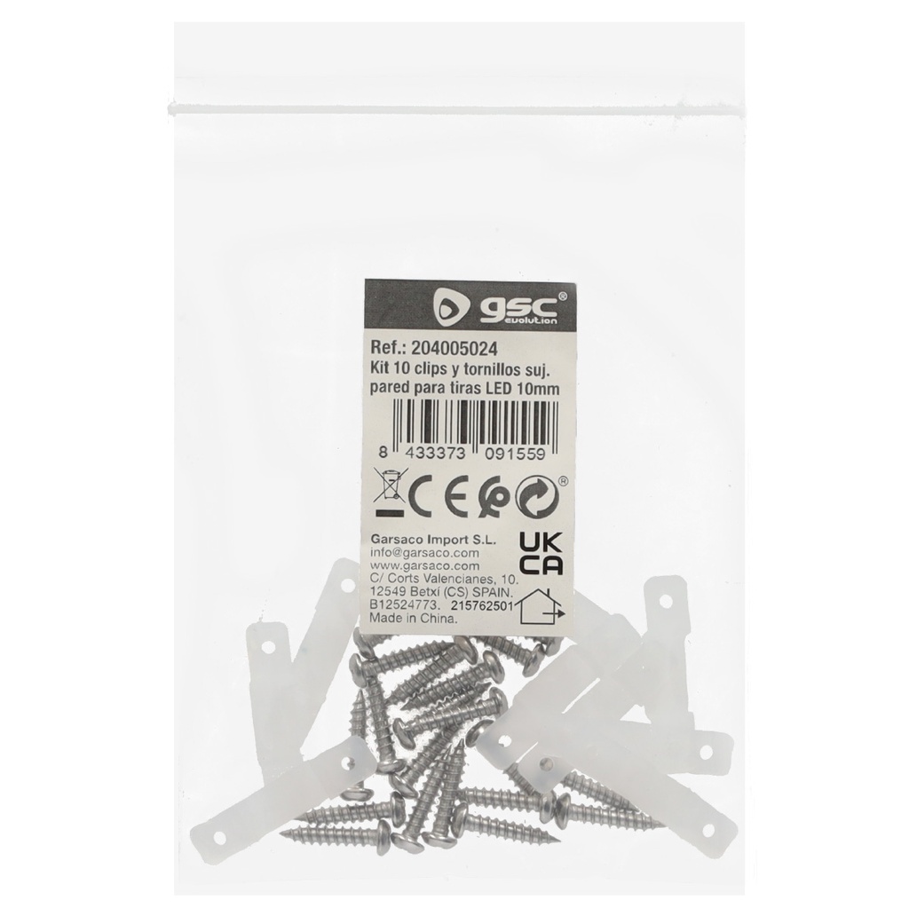 Kit 10 clips y tornillos sujeción pared para tiras LED 10mm 