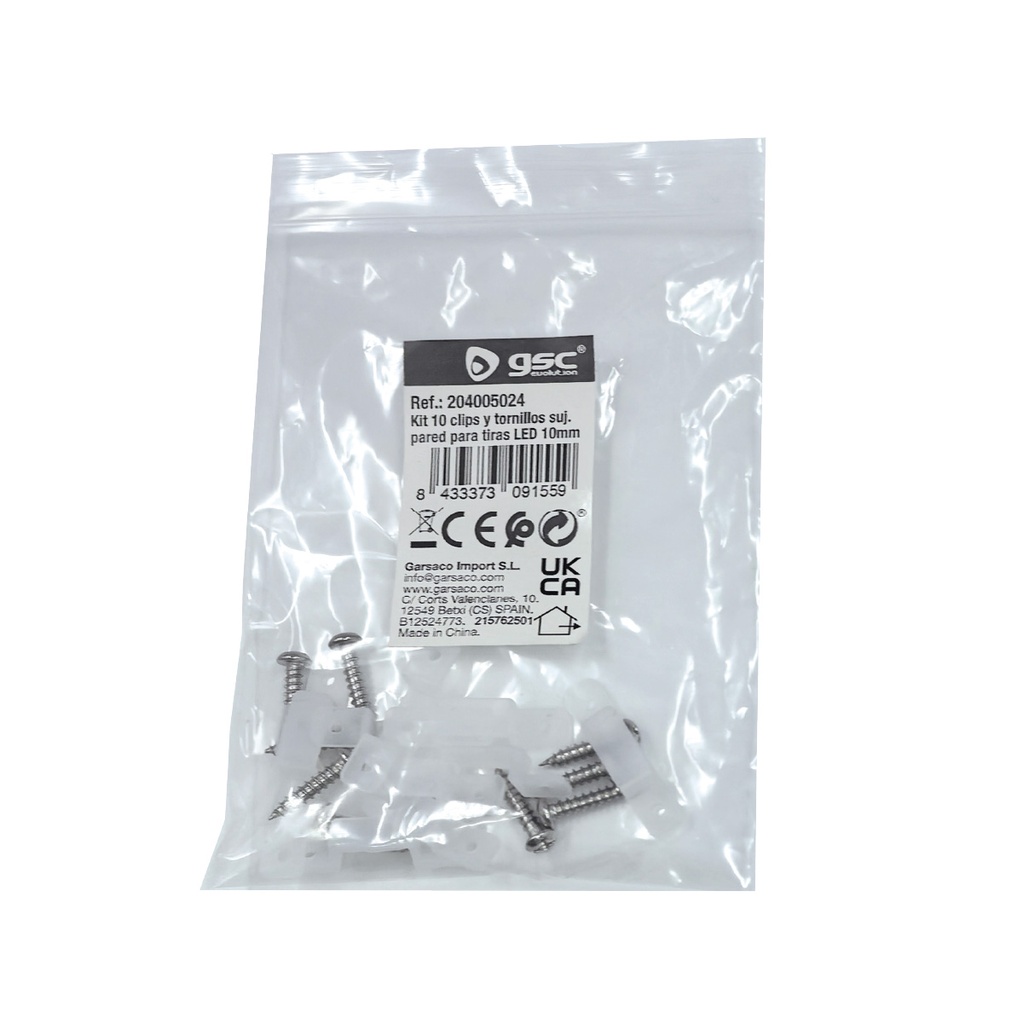 Kit 10 clips y tornillos sujeción pared para tiras LED 12mm 
