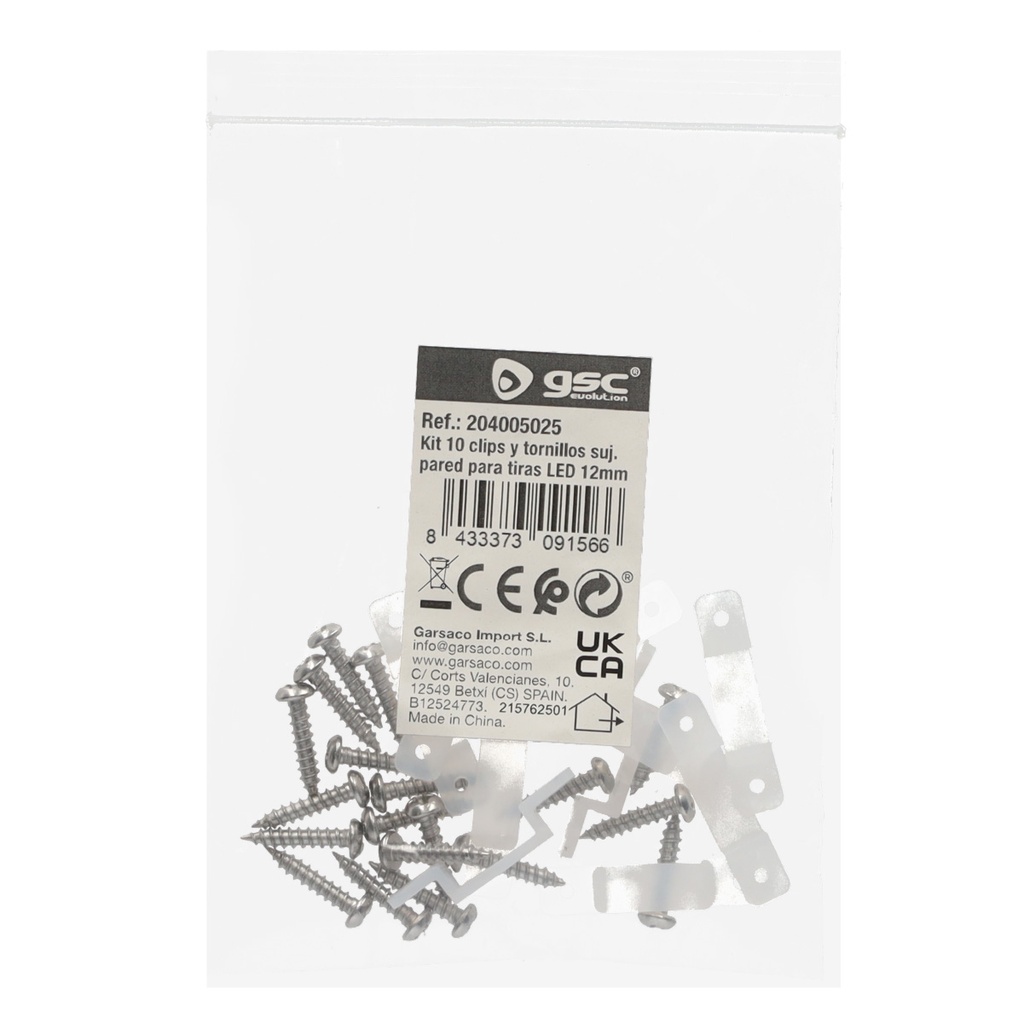 Kit 10 clips y tornillos sujeción pared para tiras LED 12mm 