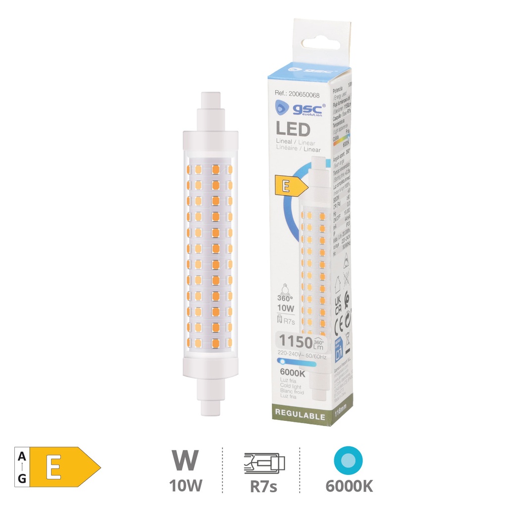 Bombilla lineal LED 118mm R7s 10W 6000K regulable