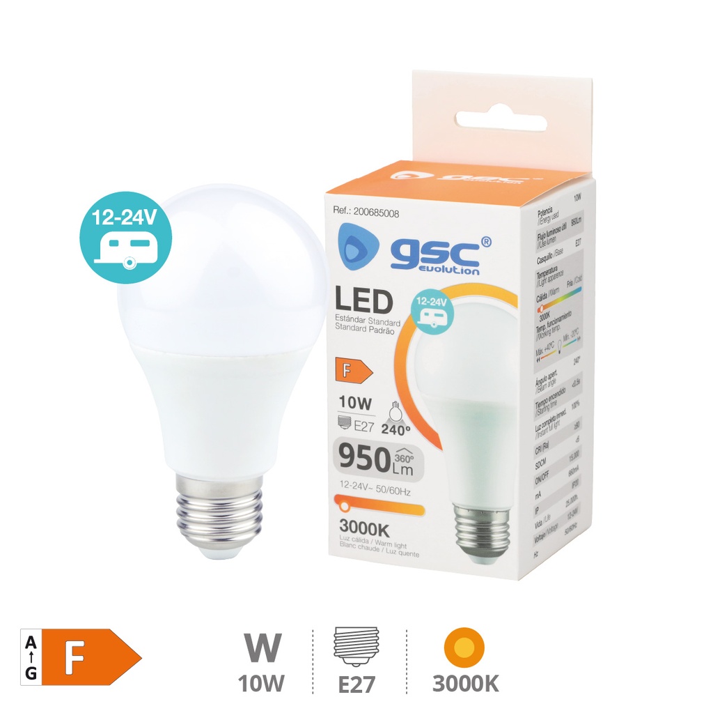 Bombilla LED estándar 10W E27 3000K 12 - 24V