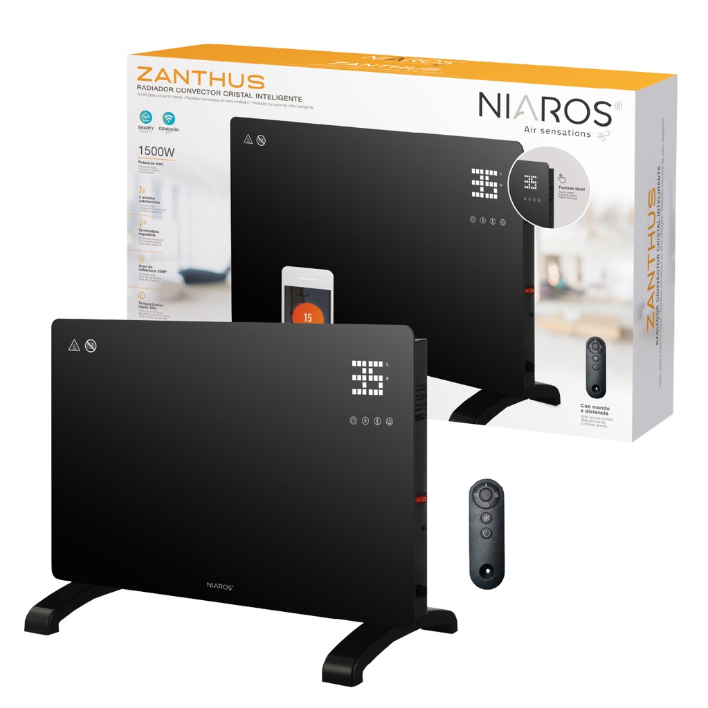 Radiador convector de cristal inteligente Zanthus Máx. 1500W Negro