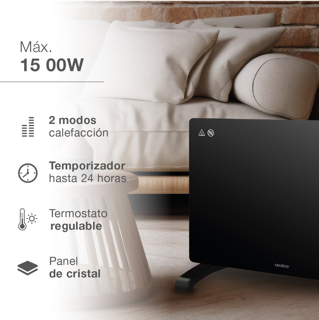 Radiador convector de cristal inteligente Zanthus Máx. 1500W Negro