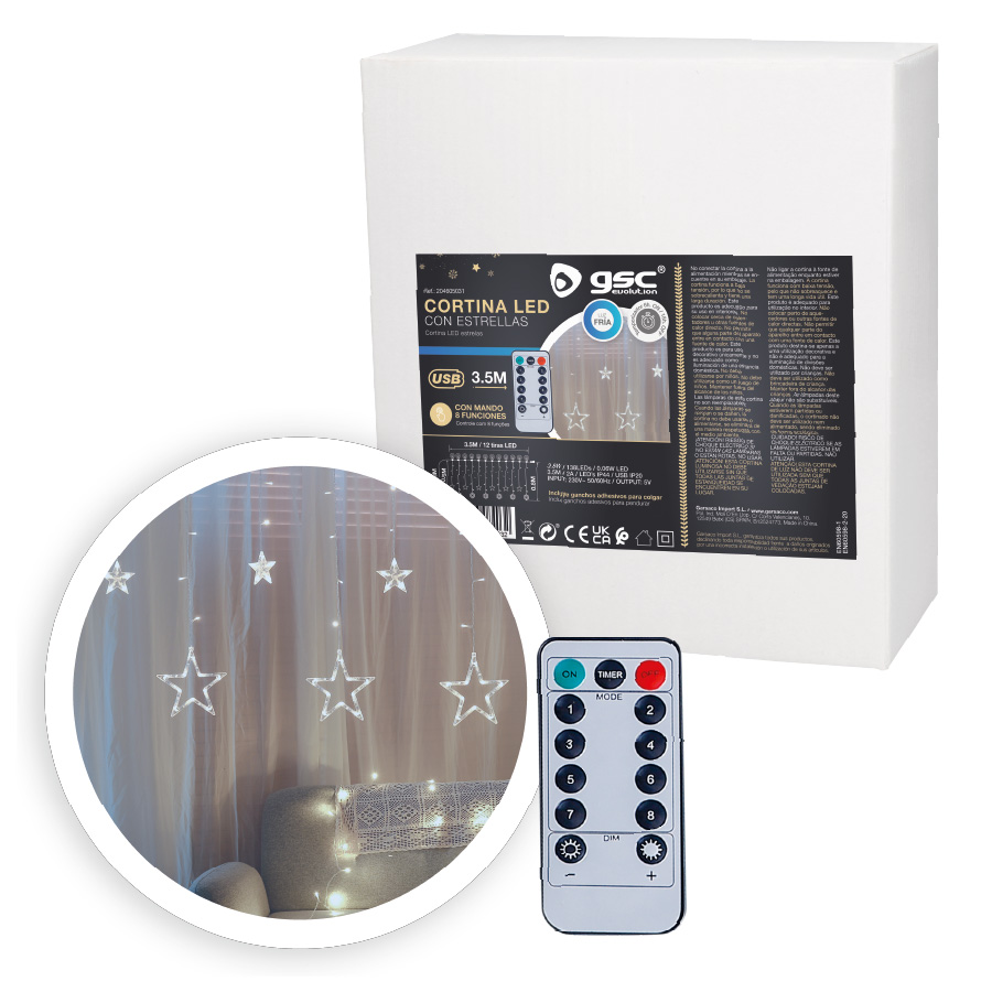 Cortina LED con estrellas 3,5M 8 funciones Luz Fría IP44