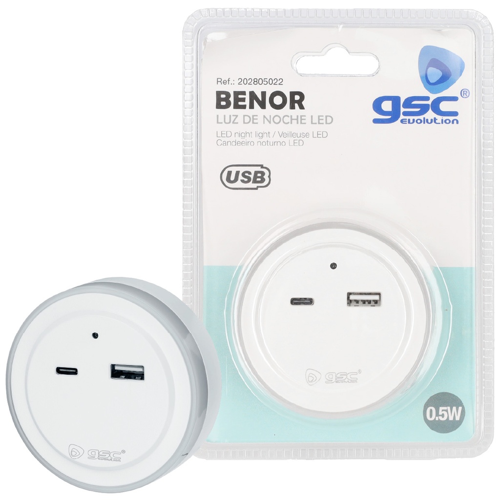 Luz de noche LED con sensor y USB C + A Benor 0.5W Luz fría 