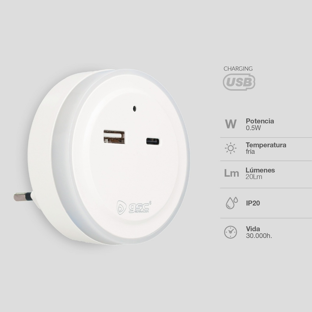 Luz de noche LED con sensor y USB C + A Benor 0.5W Luz fría 